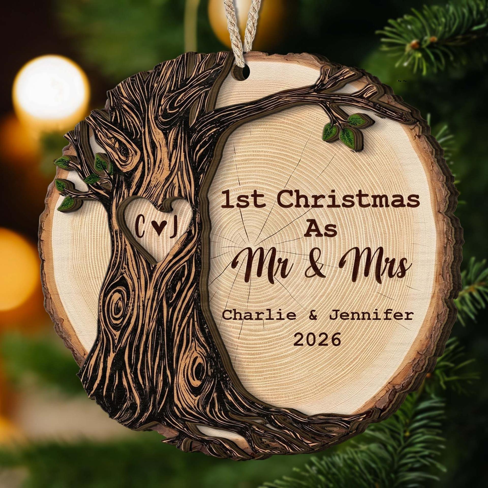 First Christmas Mr & Mrs Wood Ornament | POD Dropship, MOQ 1, 3 Sizes - Custom Wooden Ornament Wholesale | MCDFL