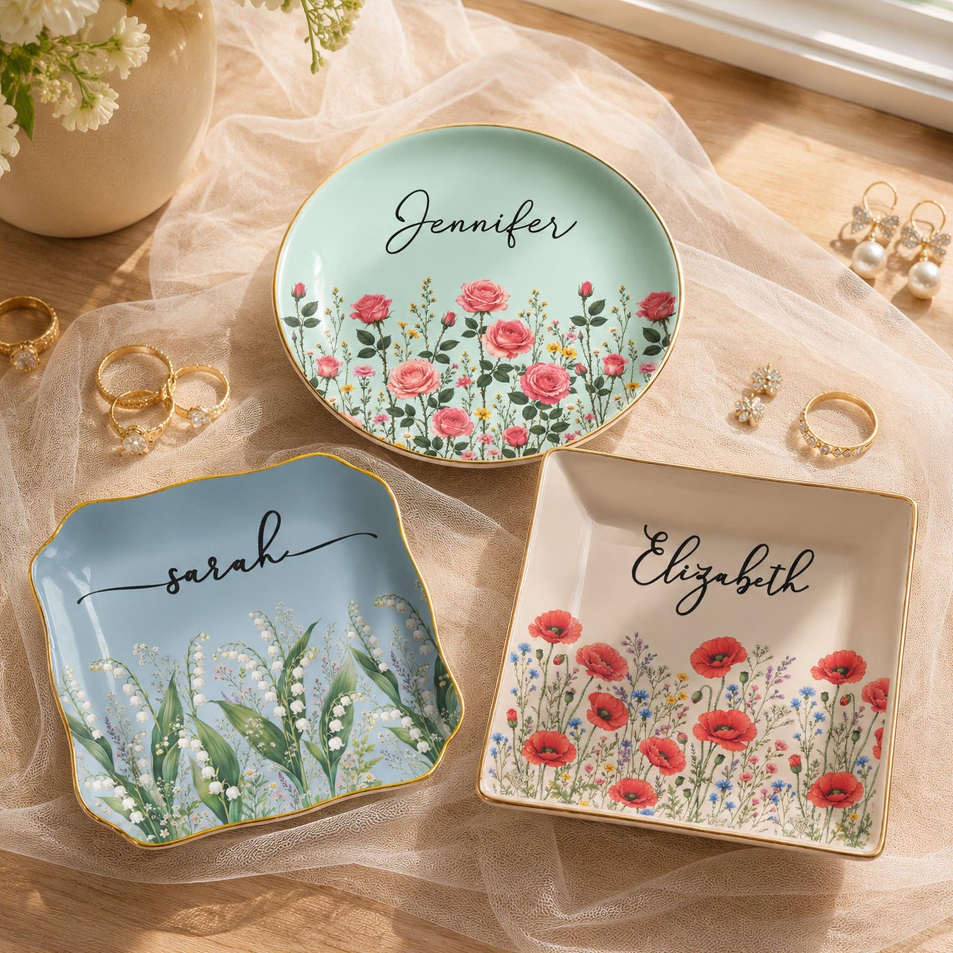 Birth Flower & Name Jewelry Dish | Custom Print, MOQ 1 Dropship - Custom Jewelry Dish Wholesale | MCDFL