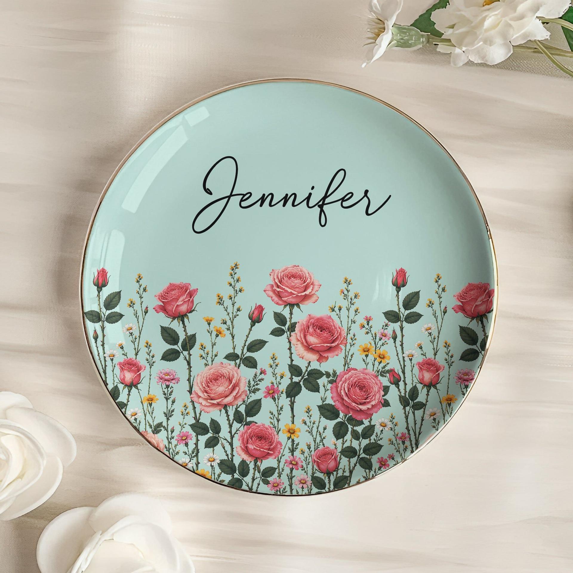 Personalized Birth Flower Jewelry Dish | Custom Ceramic Trinket Tray, Print on Demand - Jewelry Dish Detail | Wholesale POD Supplier | MCDFL