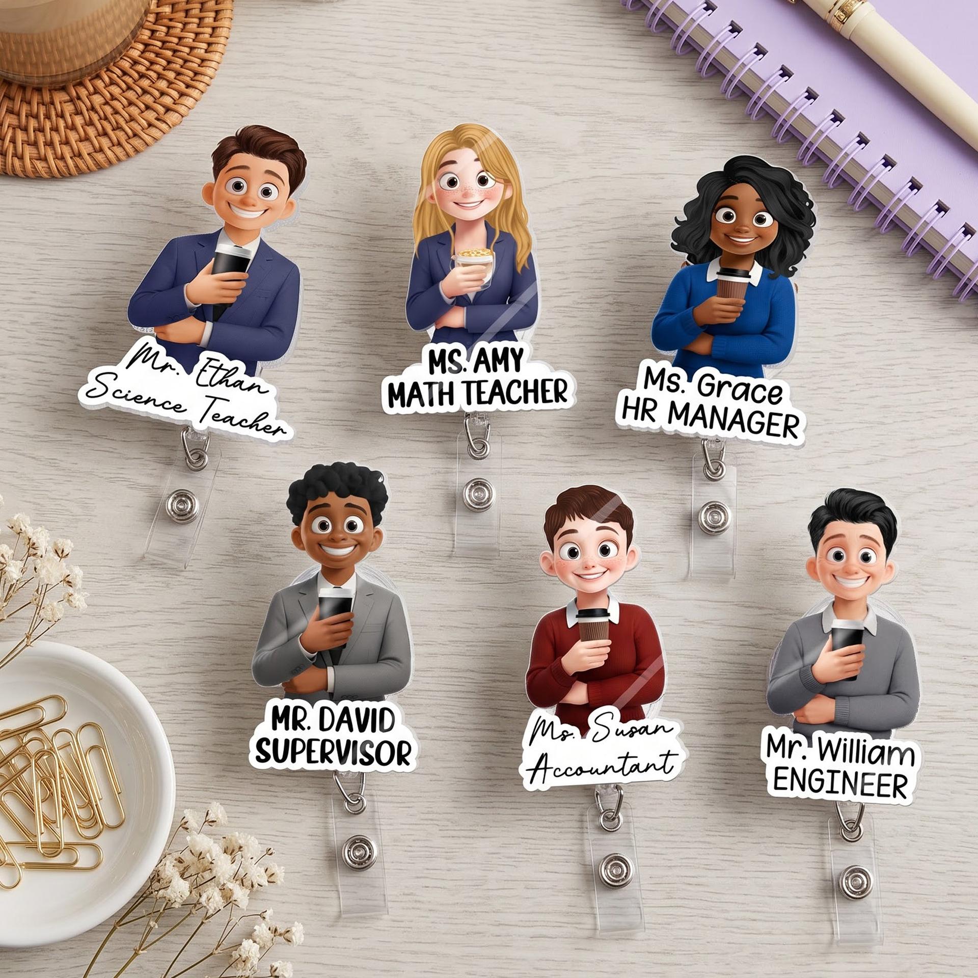 Custom Character Acrylic Badge Reel for Teacher/Boss | POD Dropship, MOQ 1 - Custom Acrylic Badge Reel Wholesale | MCDFL
