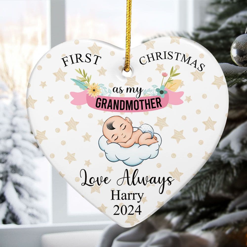 First Christmas As Grandmother Ceramic Ornament | Dye-Sublimation, No Minimum - Custom Ceramic Ornament Wholesale | POD Dropship Supplier | MCDFL