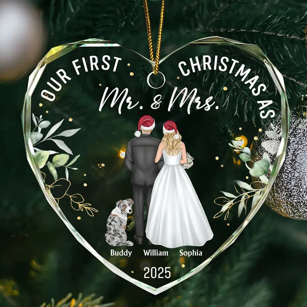 Personalized Mr & Mrs Christmas Heart Ornament | Blind Dropshipping, 1-Piece Minimum - Custom Glass Ornament Wholesale | POD Dropship Supplier | MCDFL
