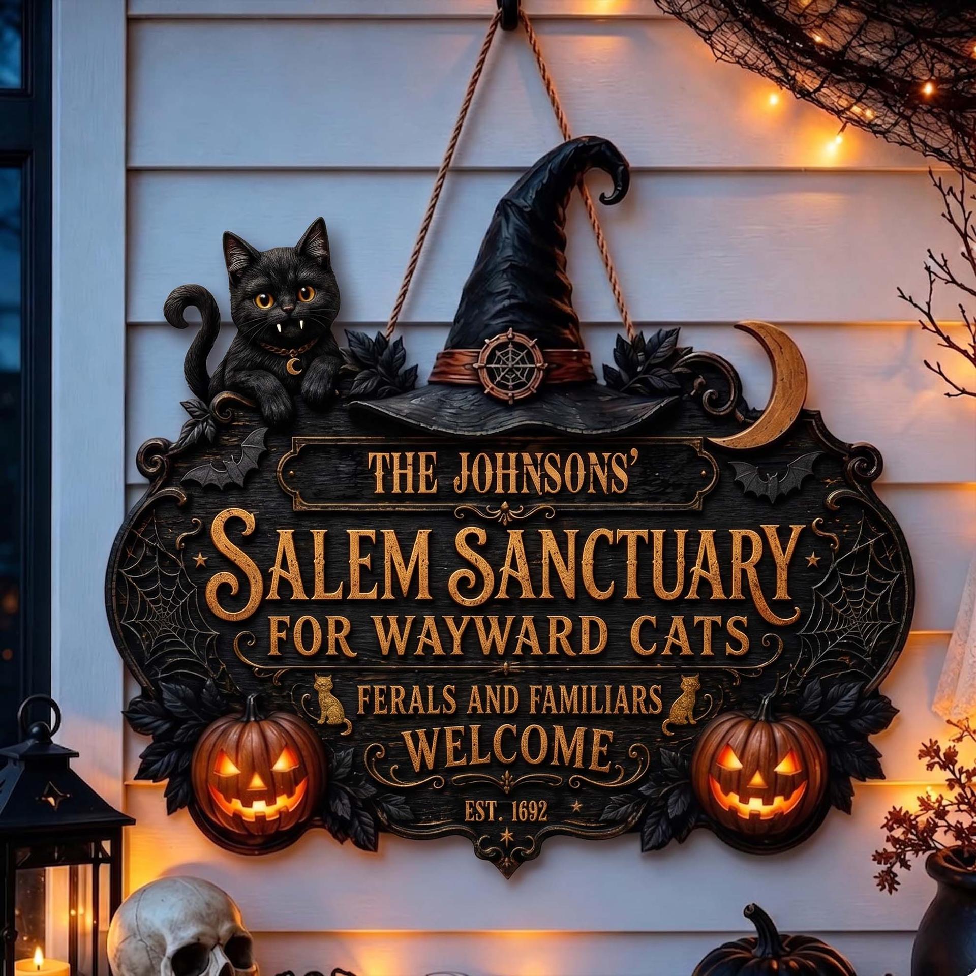 Whimsical Cat Sanctuary Halloween Wood Sign | POD Dropship, MOQ 1 Factory Direct