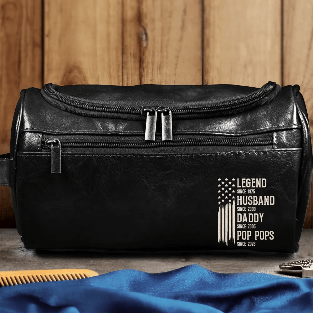 Personalized Leather Toiletry Bag for Dad | 1-Piece Minimum, Blind Dropship gallery thumbnail - Leather Toiletry Bag