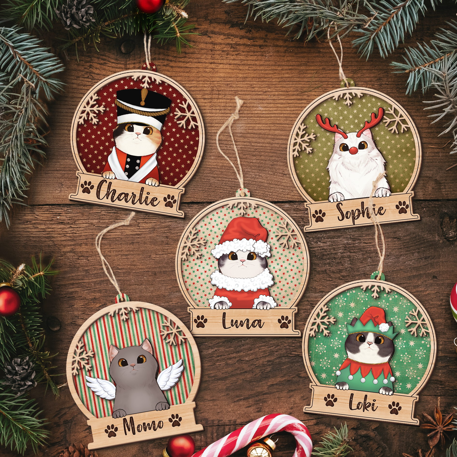 Peeking Cat Christmas Wooden Ornament | Custom 2-Layer, Dropship Ready - Wooden Ornament Print-on-Demand Product | MCDFL Factory Dropship